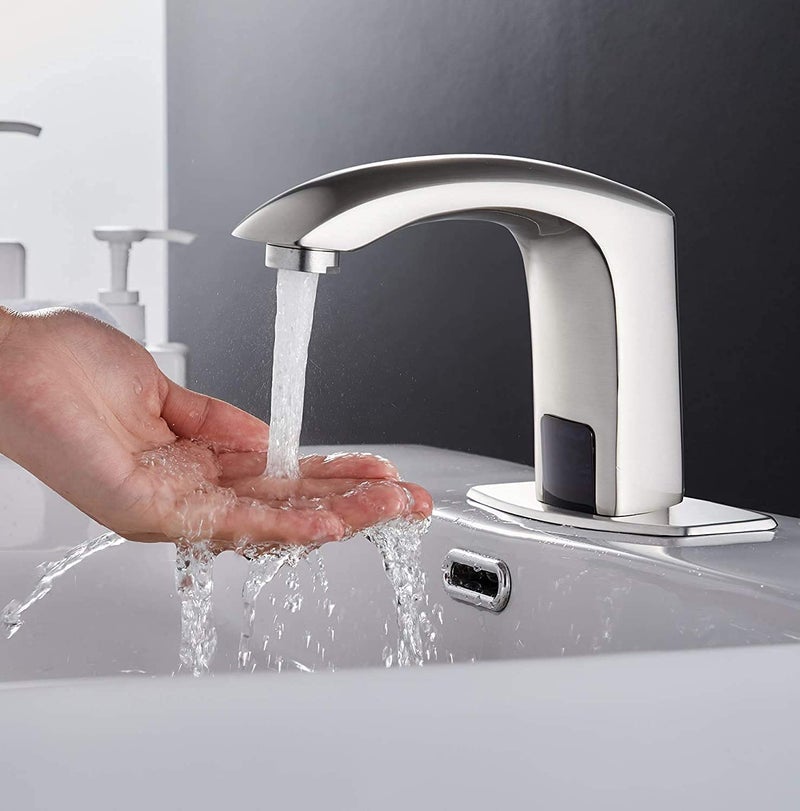 YCCUZA Automatic Sensor Touchless Bathroom Faucet Brushed Nickel Motion Actived Solid Brass Bathroom Sink Faucet with Hole Cover Plate Hands Free Vanity Faucets Deck Mount - Image 5